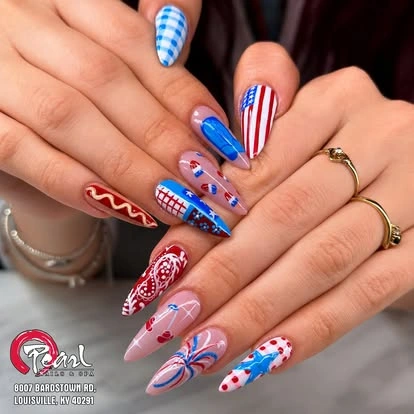 Colorful patterned nail extensions at Pearl Nails ’n Spa
