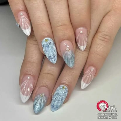 Blue and pink textured nail art at Pearl Nails ’n Spa