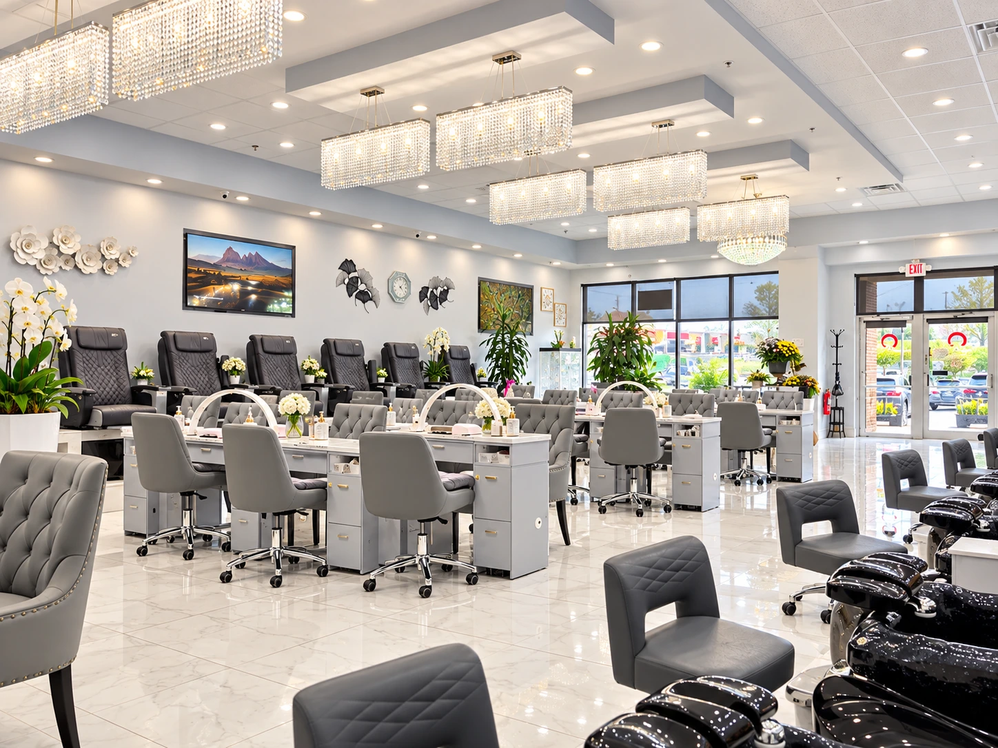 A wide view of the manicure stations and pedicure chairs at Pearl Nails ’n Spa